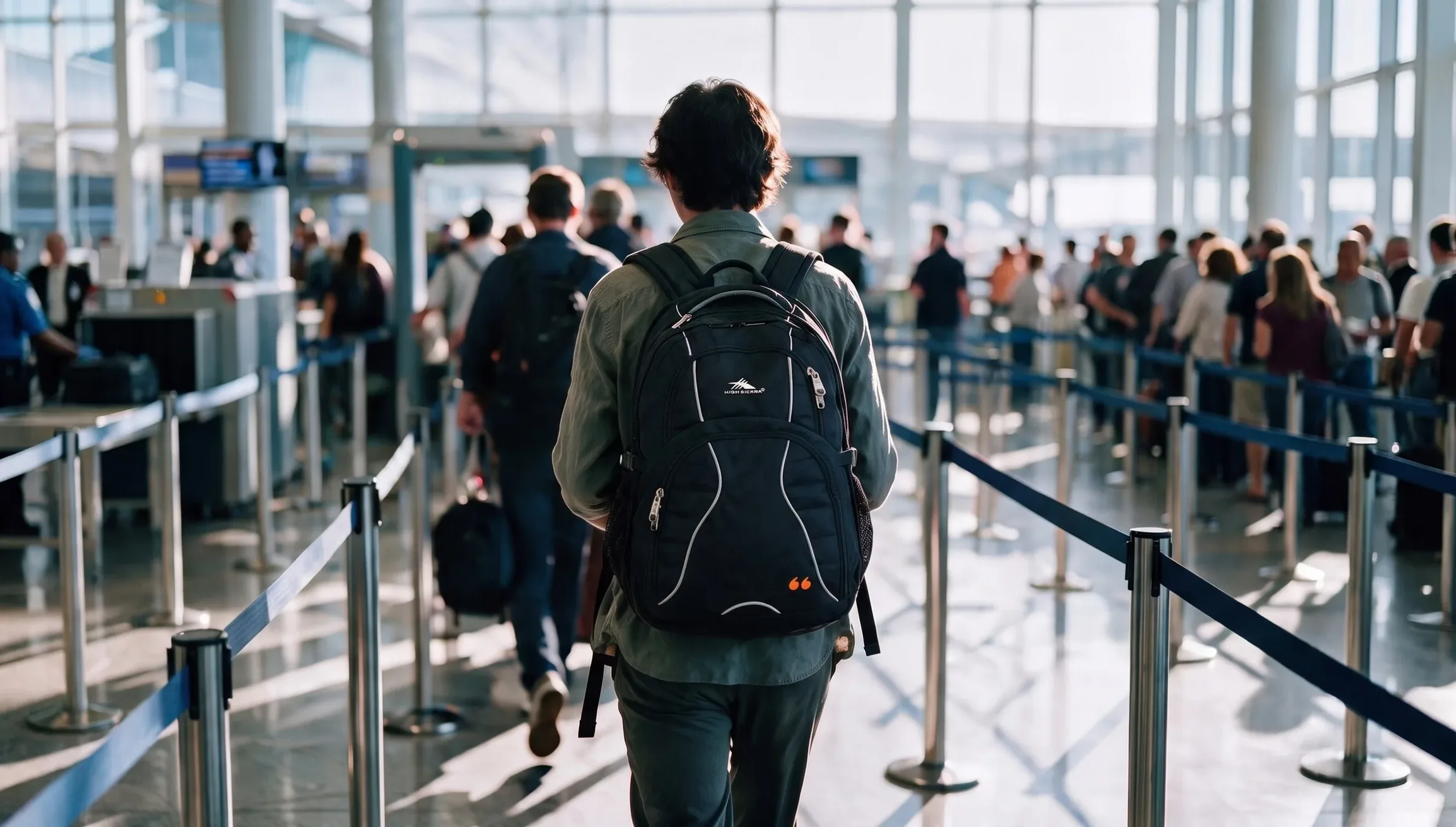 A person wearing a High Sierra backpack walks through airport security.