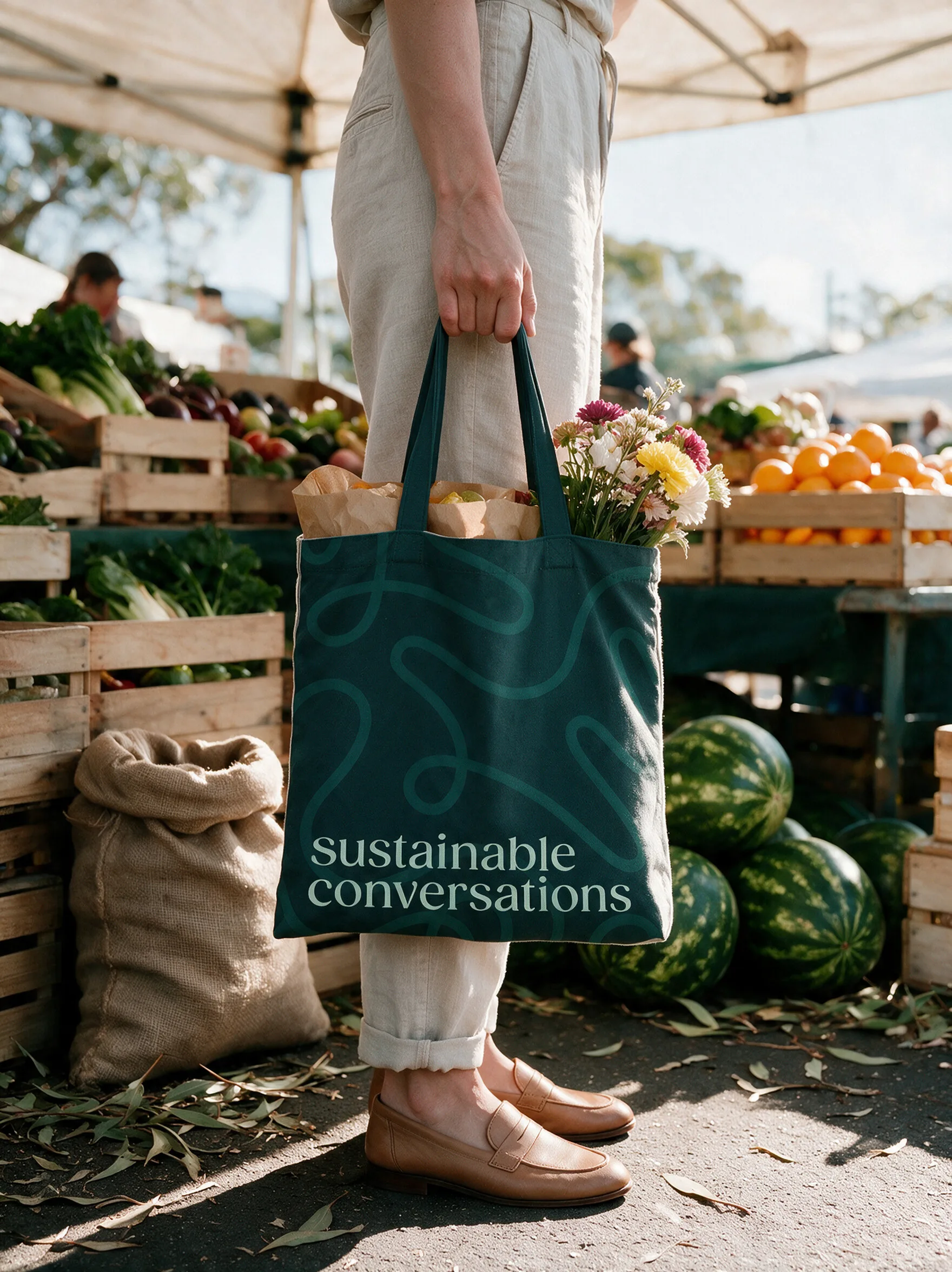 A person holds a dark teal tote bag with "sustainable conversations" printed on it, filled with groceries and flowers.