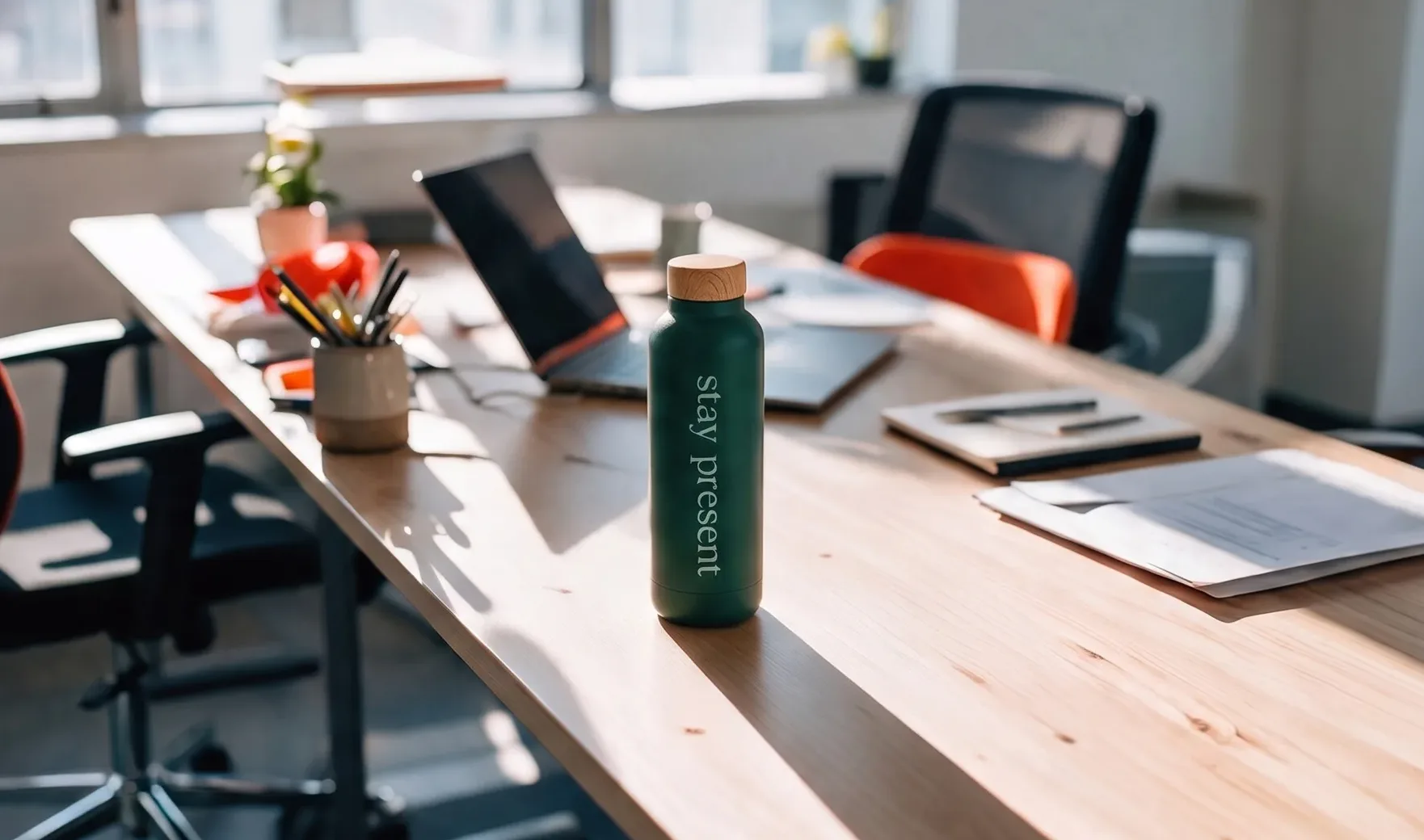 Green water bottle with "stay present" text on a wooden desk with a laptop and office supplies.