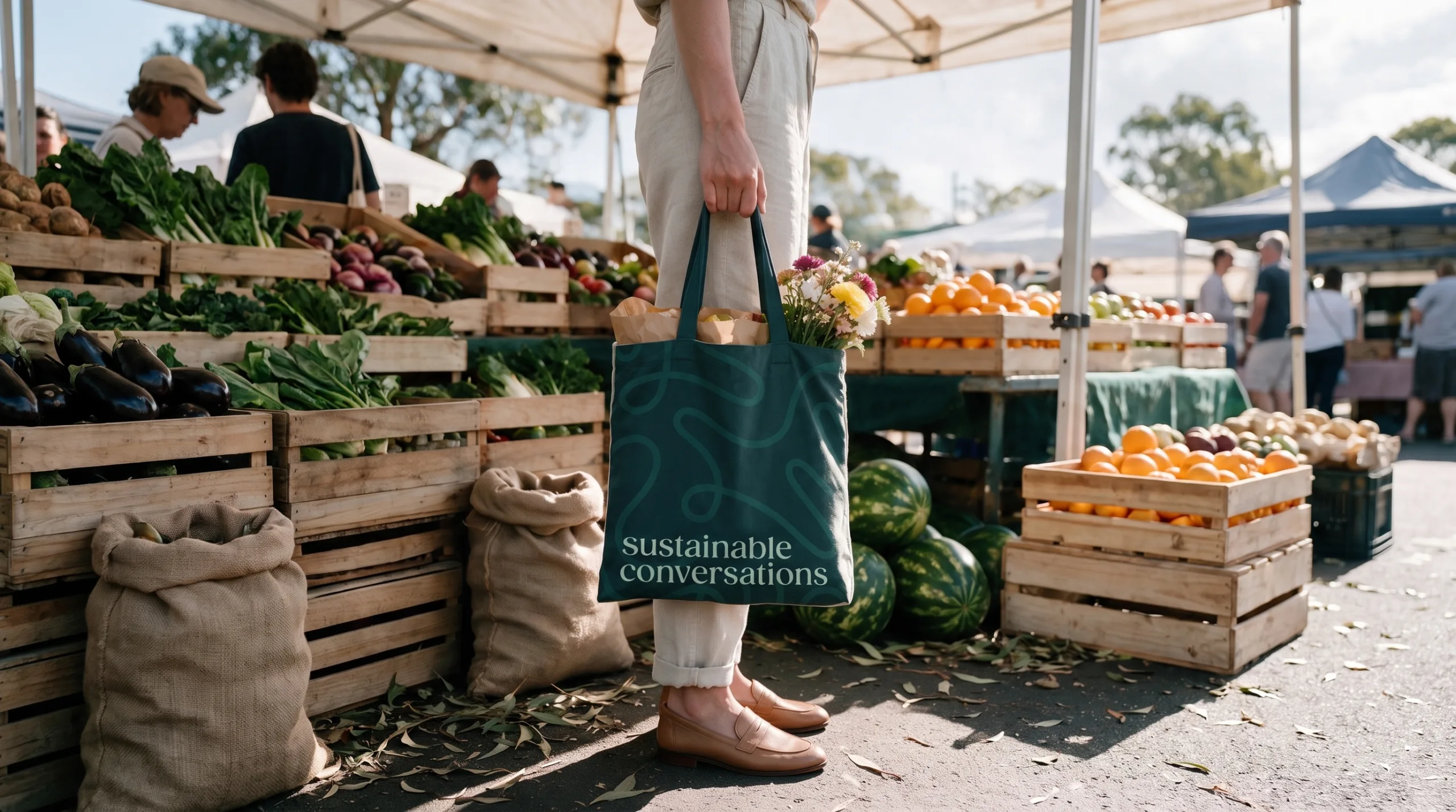 A person holds a dark green tote bag with "sustainable conversations" printed on it, filled with flowers and paper bags, at