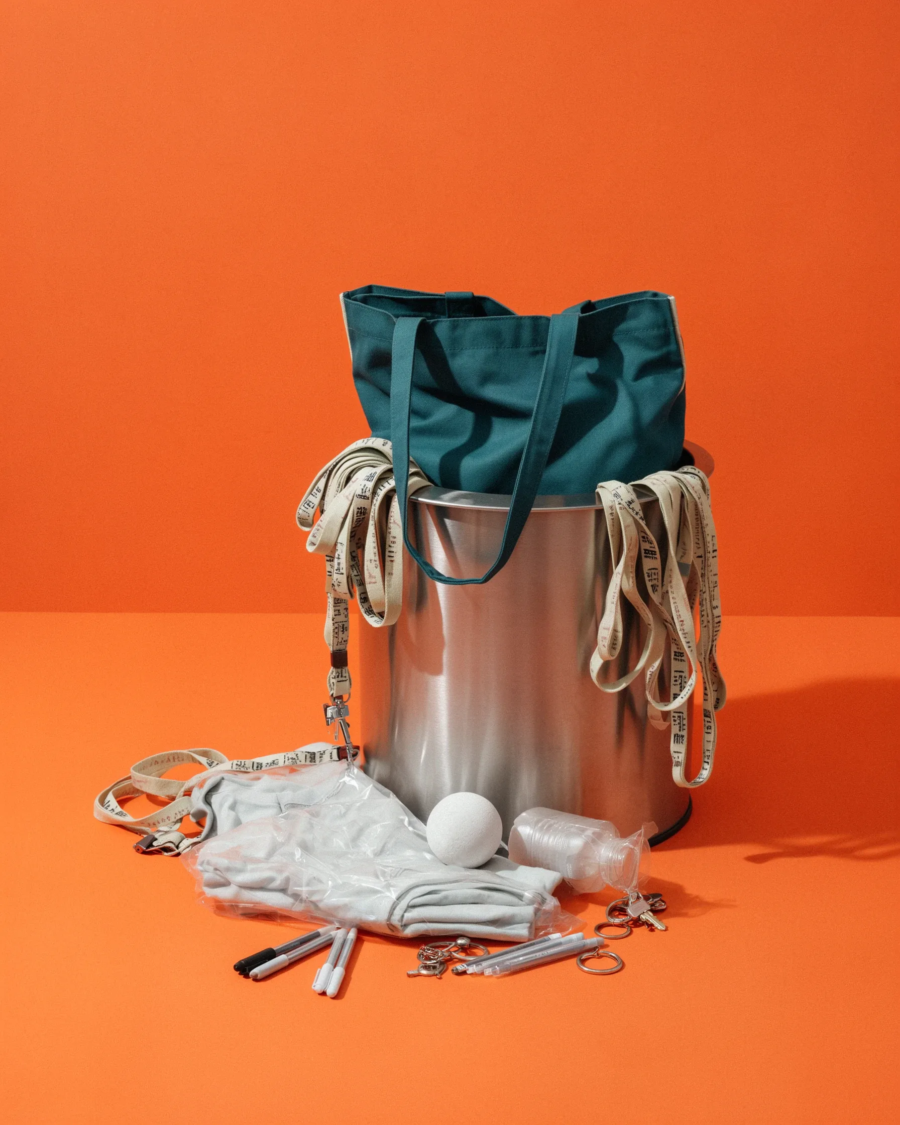 Teal tote bag and measuring tapes draped over a metal cylinder with pens, keys, and a white sphere on an orange background.