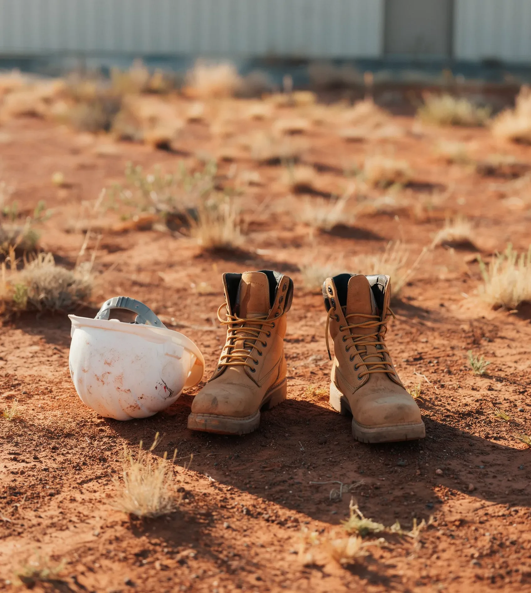 A white hard hat and a pair of tan work boots rest on dusty red earth.