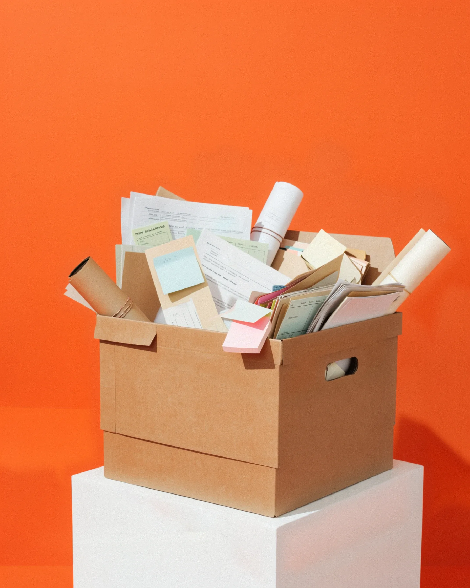 A cardboard box overflowing with papers and sticky notes sits on a white pedestal against an orange background.