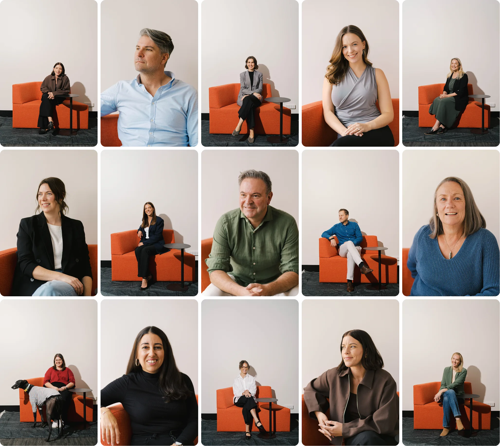 Collage of 12 diverse individuals posing for portraits on orange couches.