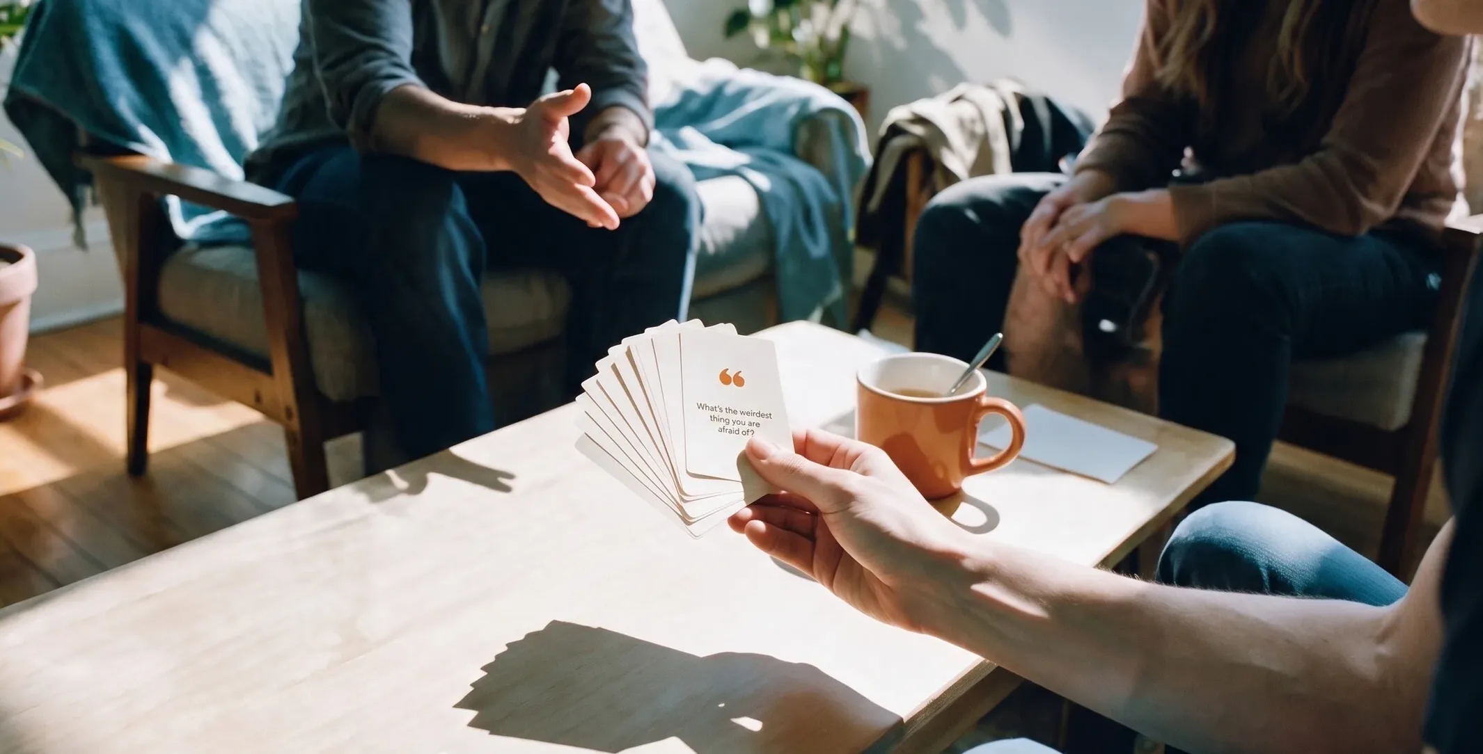 A hand holds conversation cards with questions like "What's the weirdest thing you are afraid of?"